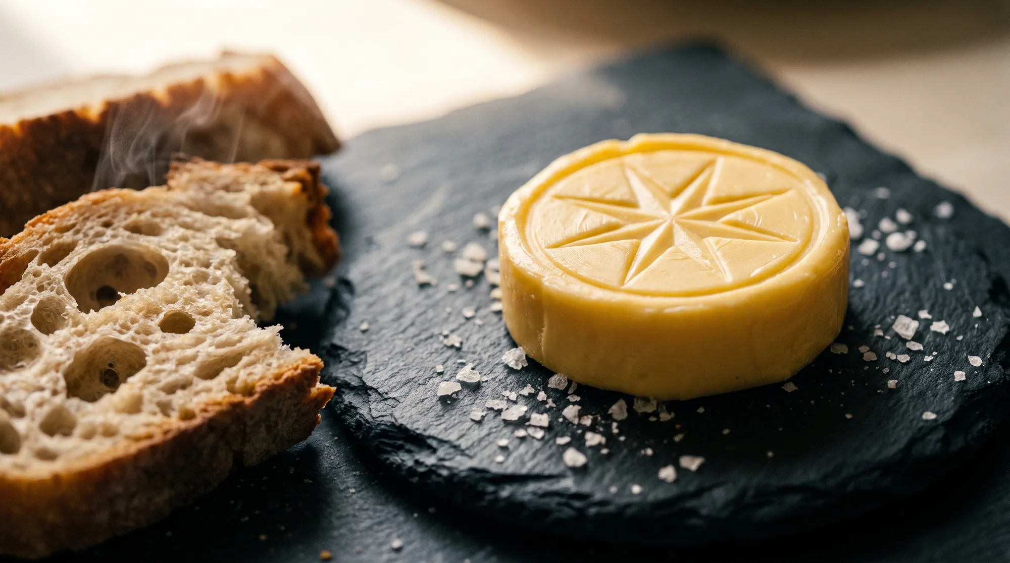 A round pat of cultured butter on slate with the compass rose pressed into its surface, torn sourdough alongside.