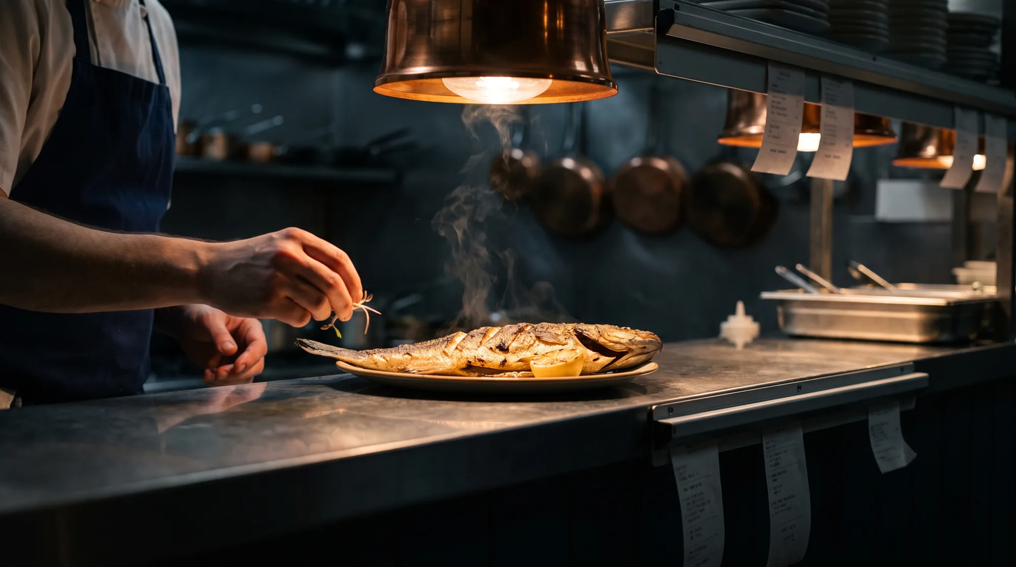 A single plate of whole grilled fish under a warm task light at the chef's pass, hands entering the frame from the left.