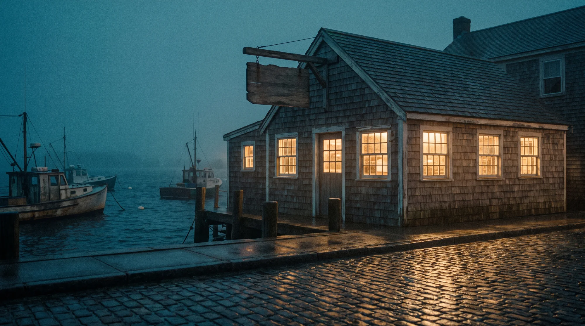 The shingled front of the house at blue hour.