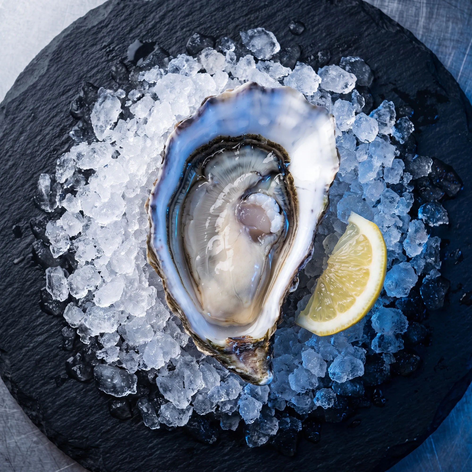 An oyster on crushed ice with a lemon wedge.